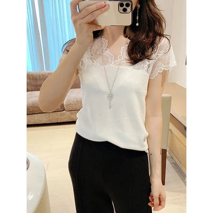 Pulovers T Shirt Plain Sexy V-Neck Women's T-shirt Summer Fashion Clothes Tops Korean Knitting Short Sleeve Aesthetic Casual