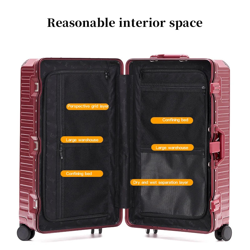 Suitcase Wide Handle Travel Suitcase Men 20 24 26 Carry-On Luggage Women PC Aluminum Frame Trolley Case