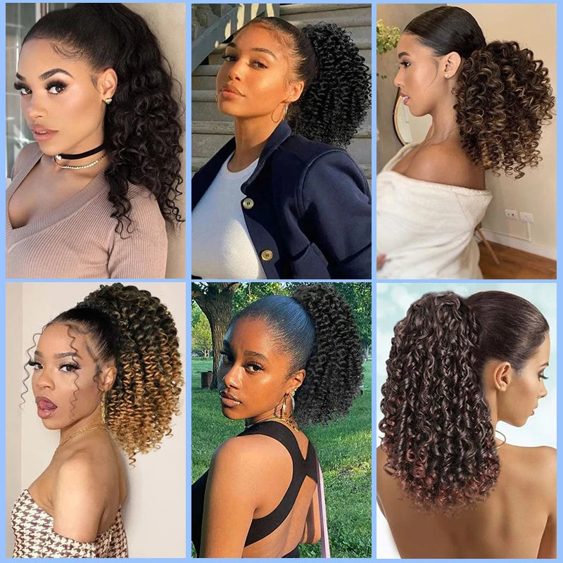 14'' Kinky Curly Ponytail Hair for Women Short Fluffy Curly Drawstring Ponytail Natural Synthetic Afro Curly Fake Tail Hairpiece