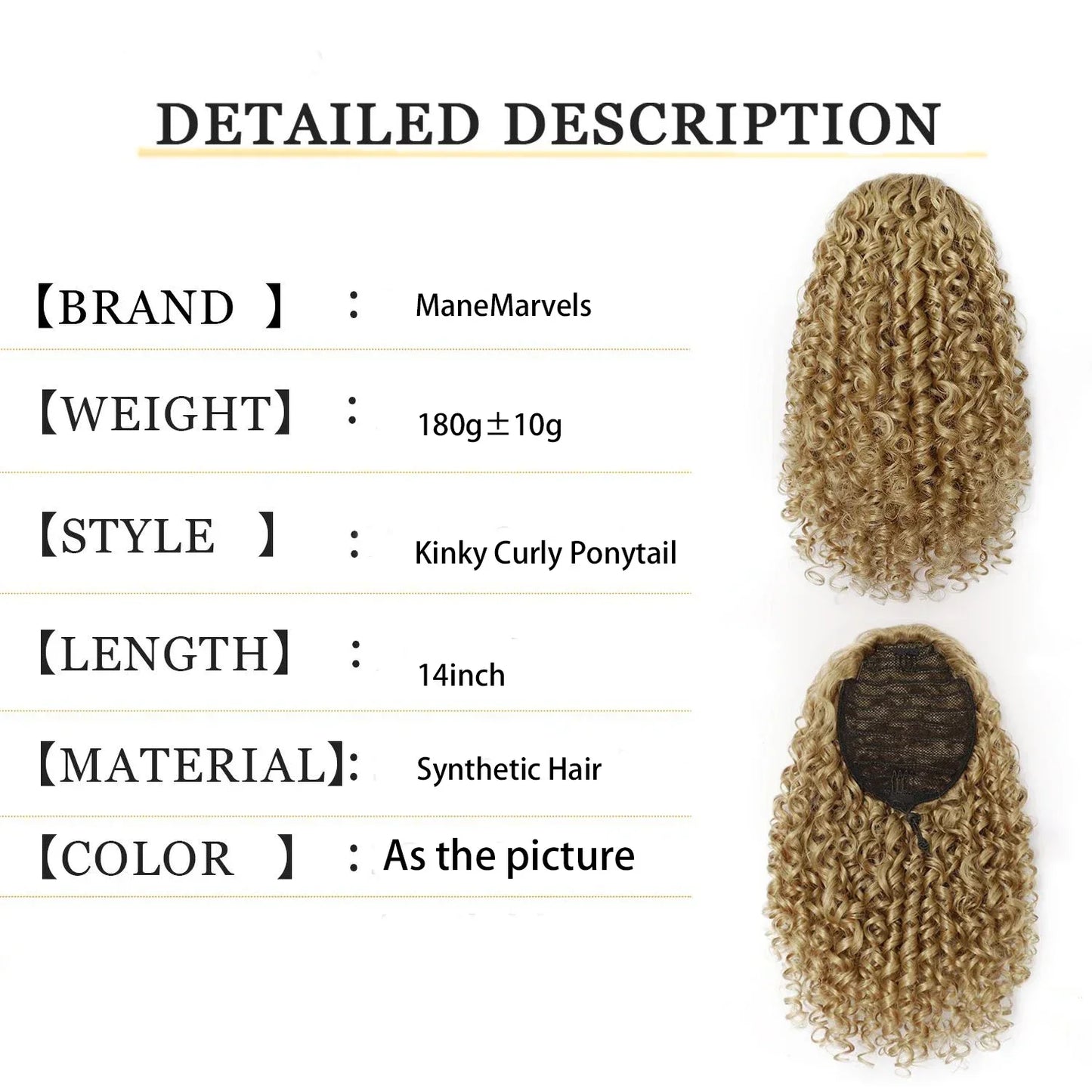 14'' Kinky Curly Ponytail Hair for Women Short Fluffy Curly Drawstring Ponytail Natural Synthetic Afro Curly Fake Tail Hairpiece