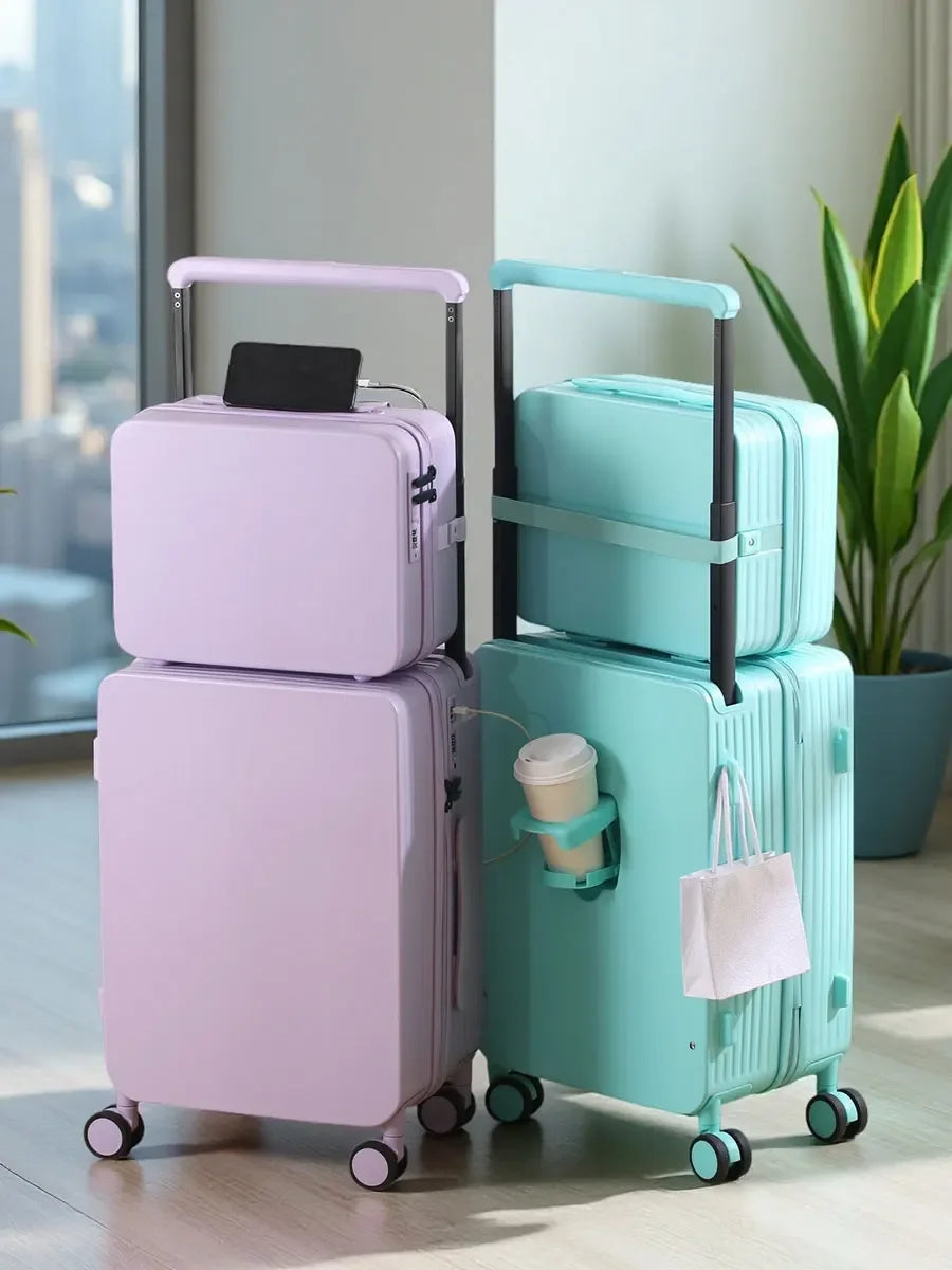 20+14"24+14" Luggage Set with USB & Cup Holder TSA Lock 360° Wheels Side-standing foot hook PC+ABS Suitcase Foldable Travel case