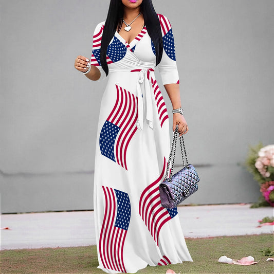 Pullover Sexy V Neck Short Sleeve Loose Long Dress for Women Fashion Printed Summer Beach Party Casual Maxi Dresses