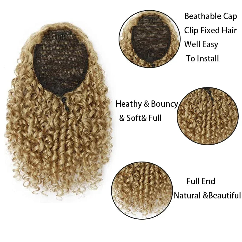 14'' Kinky Curly Ponytail Hair for Women Short Fluffy Curly Drawstring Ponytail Natural Synthetic Afro Curly Fake Tail Hairpiece